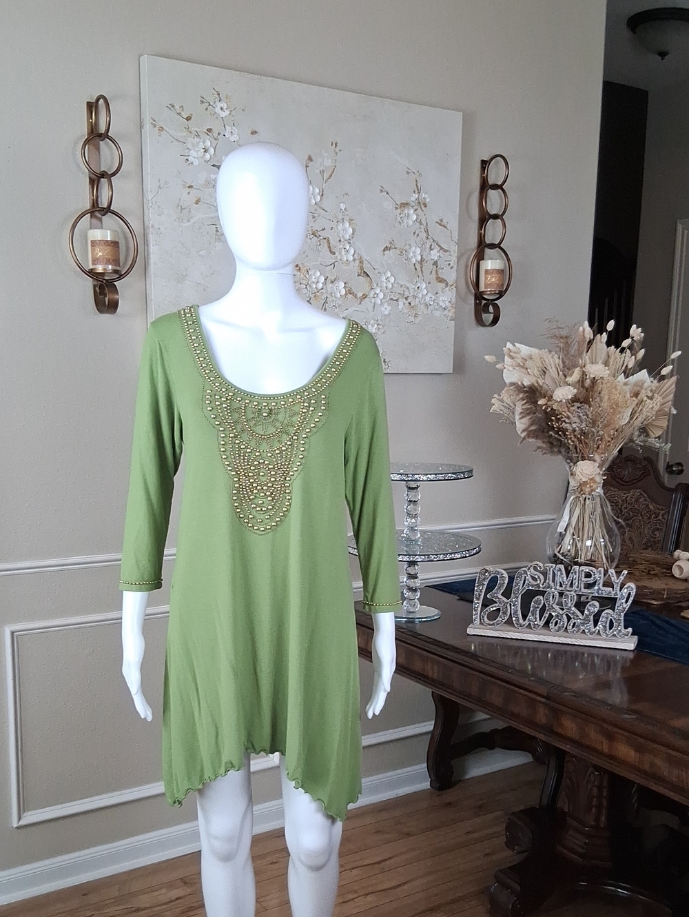 Women's Embellished Beaded Scoop Neck Tunic Summer Dress Olive Green Gold Medium - Picture 12 of 16